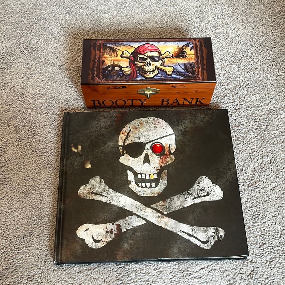 Pirates book and pirate themed piggy bank